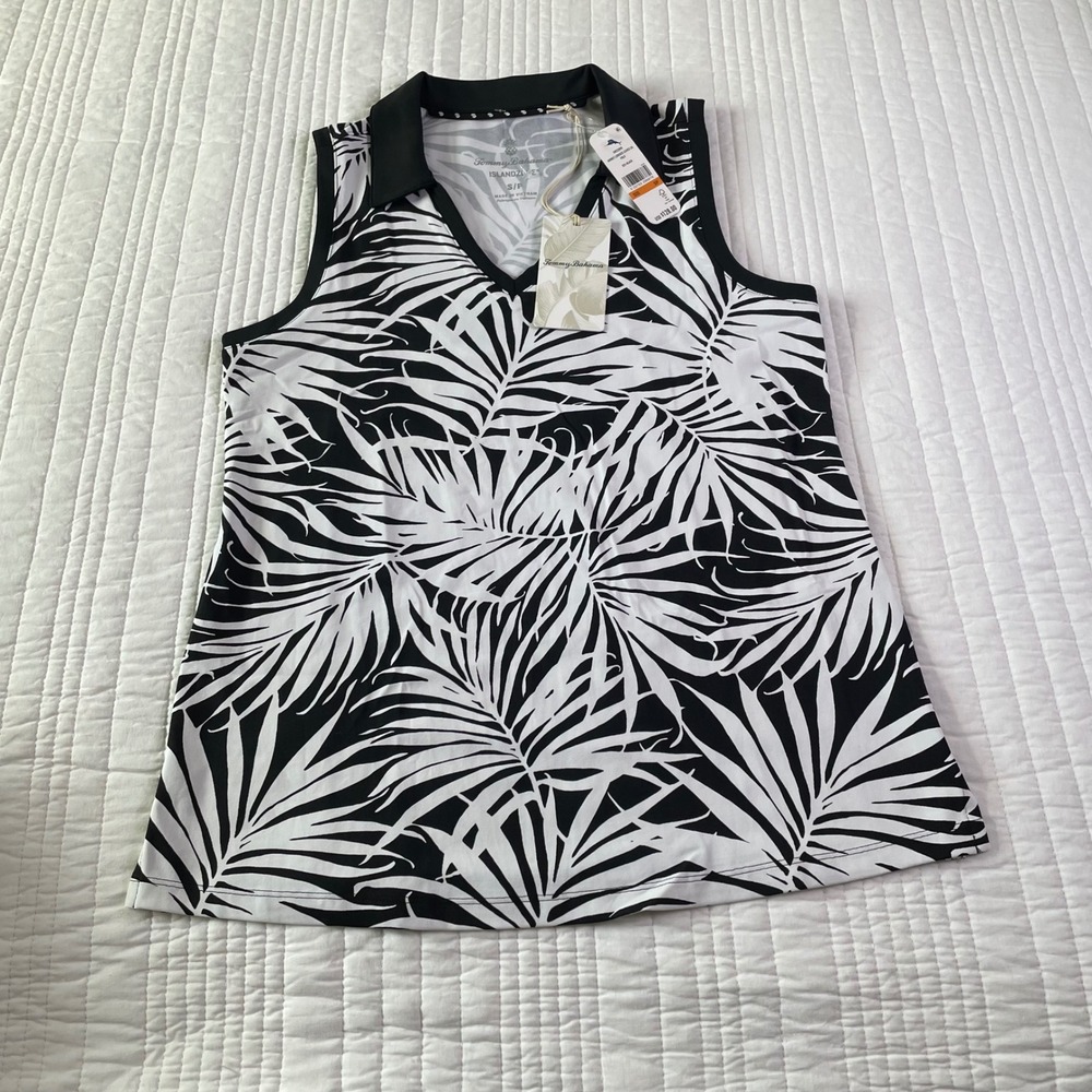 Tommy Bahama Aubrey Lorenzo Leaves Sleeveless Polo Top Black White Palm Print S